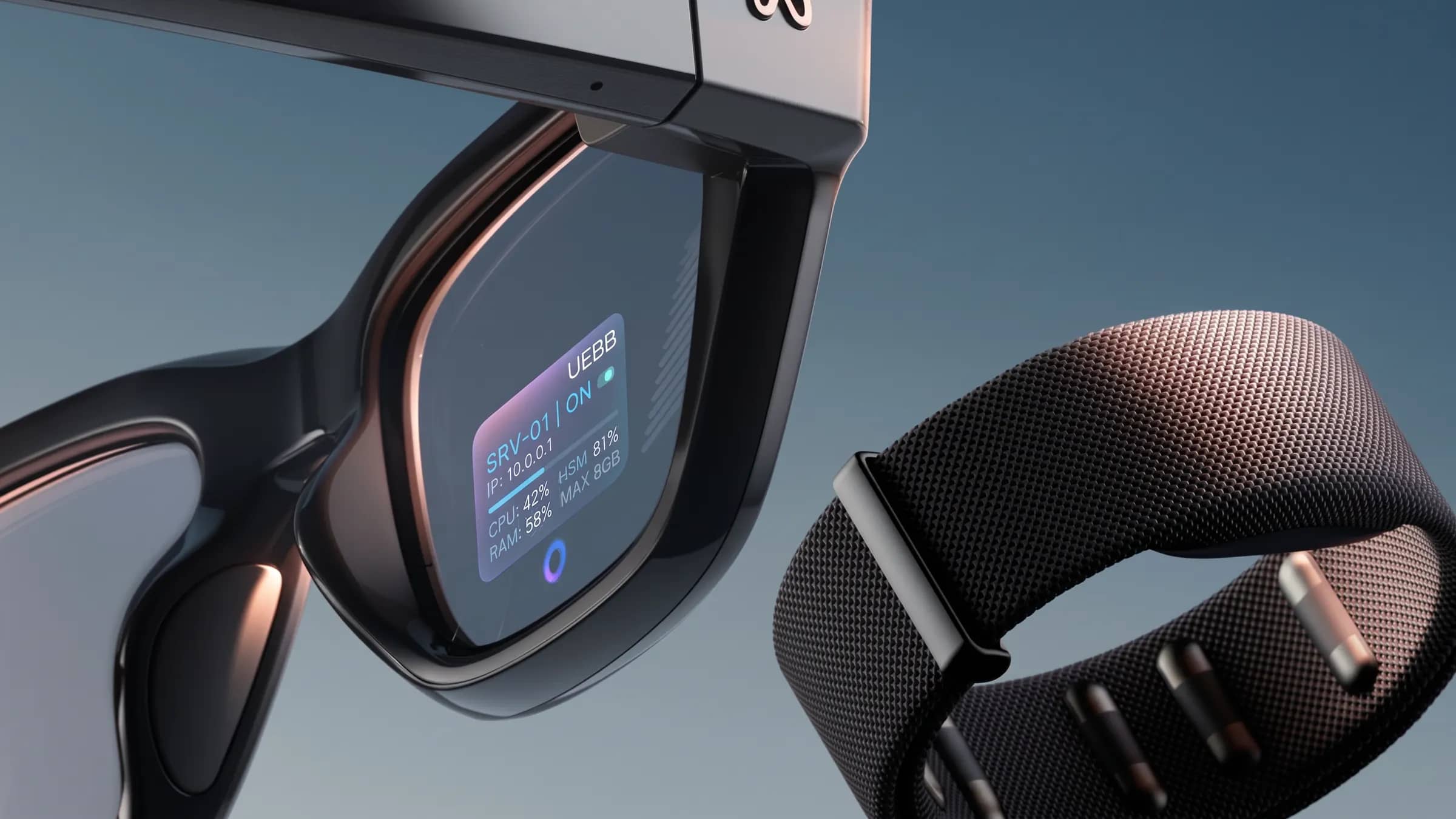 Rendering degli occhiali Meta Ray-Ban Display con un'app UEBB nella lente destra: il server SRV-01 acceso, CPU al 42%, RAM al 58%. Accanto, il bracciale Meta Neural Band.