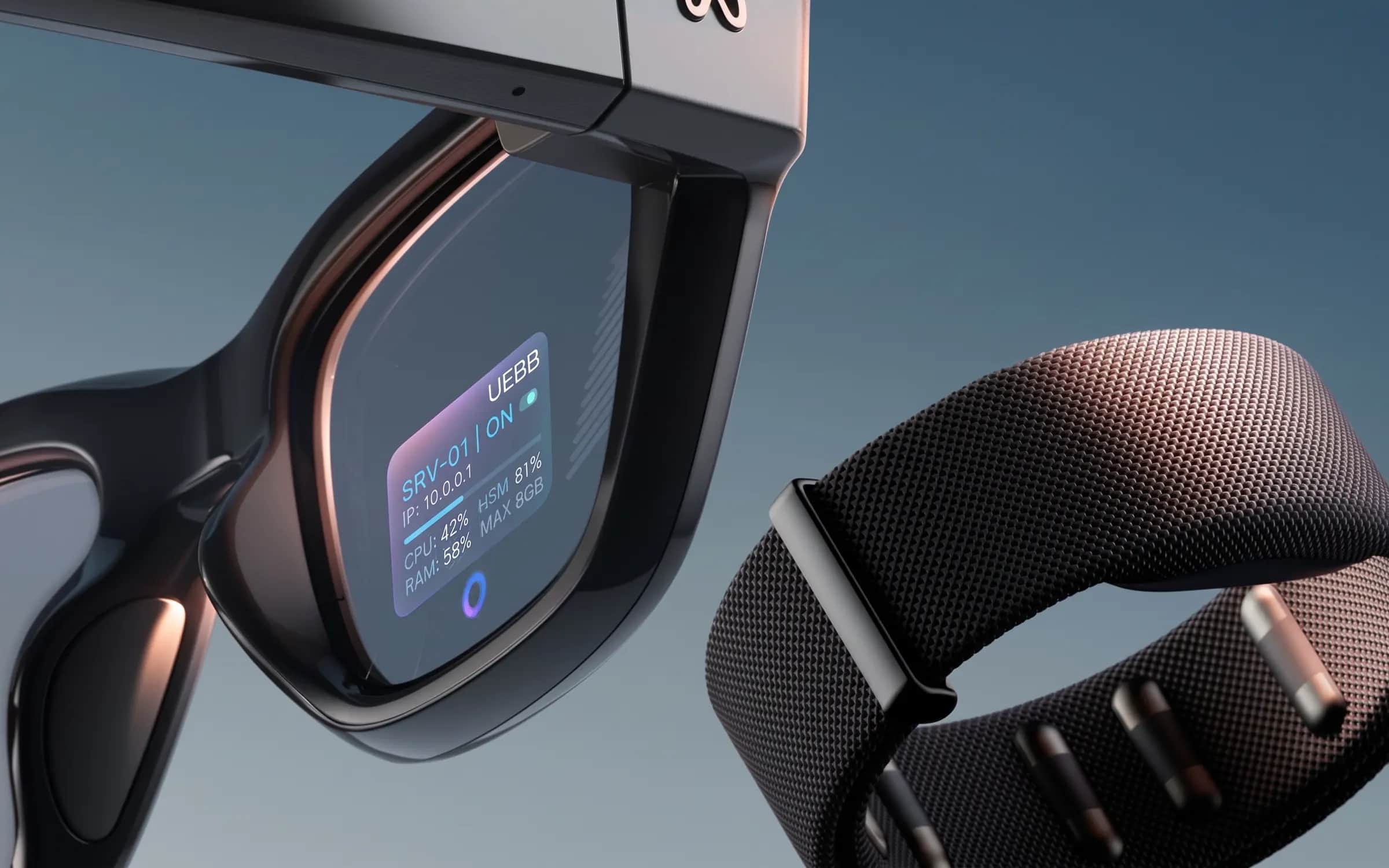 Rendering degli occhiali Meta Ray-Ban Display con un'app UEBB nella lente destra, che mostra lo stato del server SRV-01, accanto al bracciale Meta Neural Band